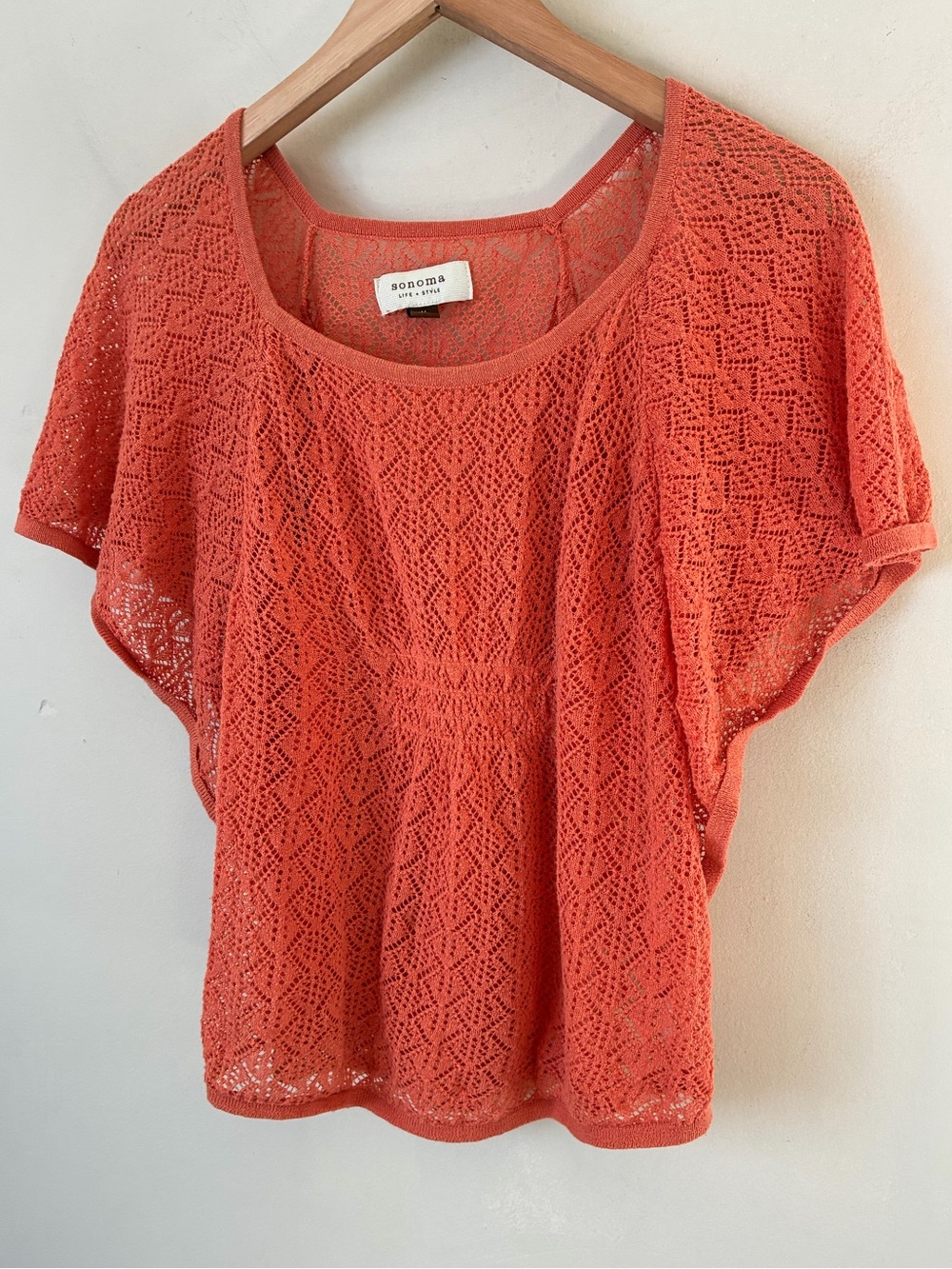 Sonoma Boho Womens Coral Orange Pointelle Knit Scoop Neck Top Size M